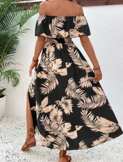 Sale Women's Maxi Dress Casual Dress A Line Dress Stylish Casual Vacation Daily Regular Fit Leaf Short Sleeve Off Shoulder Summer Women Vacation Dresses