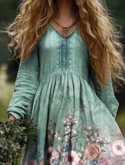 Sale Women's Maxi Dress Casual Dress Swing Dress Boho Dress Bohemia Vintage Ethnic Vacation Daily Regular Fit Floral Long Sleeve Crew Neck White Wine Fuchsia Green Summer Spring Women Floral Dresses