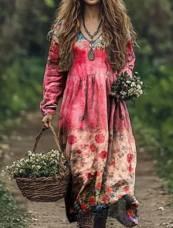 Sale Women's Maxi Dress Casual Dress Swing Dress Boho Dress Bohemia Vintage Ethnic Vacation Daily Regular Fit Floral Long Sleeve Crew Neck White Wine Fuchsia Green Summer Spring Women Floral Dresses