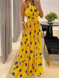 Outlet Women's Maxi Dress Casual Dress Corset Dress A Line Dress Slip Dress Stylish Casual Vacation Daily Regular Fit Floral Leopard Polka Dot Sleeveless Halter Neck Dark Brown Black Yellow Brown Summer Women Vacation Dresses