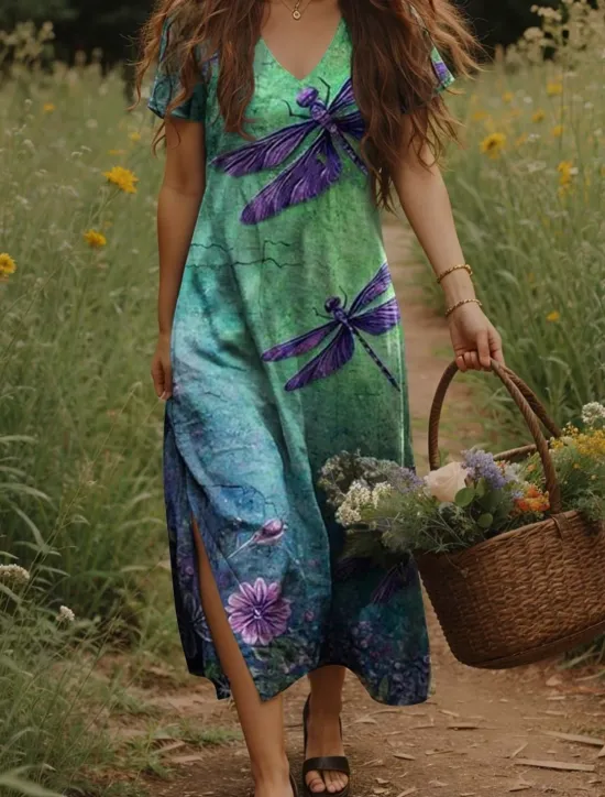 New Women's Maxi Dress Casual Dress A Line Dress Bohemia Vacation Vintage Vacation Daily Regular Fit Floral Short Sleeve V Neck Yellow Light Green Orange Green Summer Spring Women T Shirt Dresses