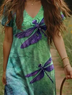 New Women's Maxi Dress Casual Dress A Line Dress Bohemia Vacation Vintage Vacation Daily Regular Fit Floral Short Sleeve V Neck Yellow Light Green Orange Green Summer Spring Women T Shirt Dresses