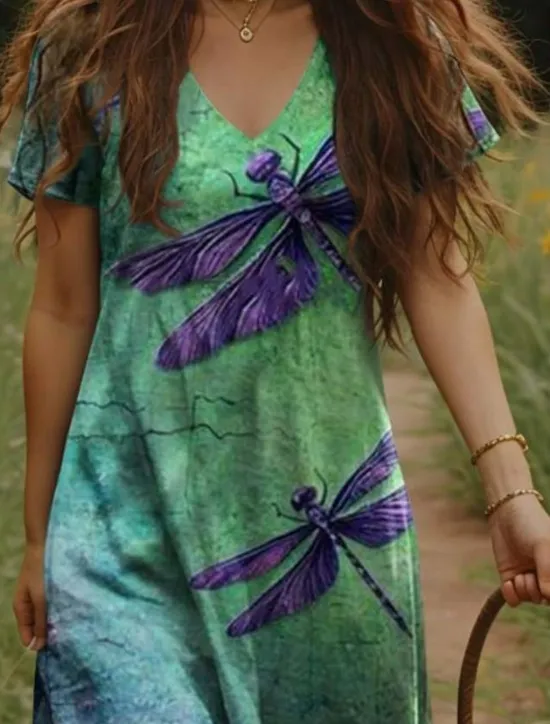 New Women's Maxi Dress Casual Dress A Line Dress Bohemia Vacation Vintage Vacation Daily Regular Fit Floral Short Sleeve V Neck Yellow Light Green Orange Green Summer Spring Women T Shirt Dresses