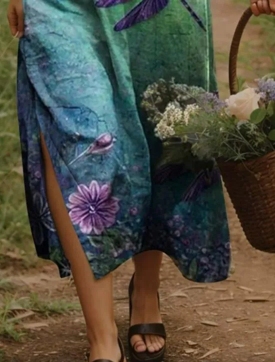New Women's Maxi Dress Casual Dress A Line Dress Bohemia Vacation Vintage Vacation Daily Regular Fit Floral Short Sleeve V Neck Yellow Light Green Orange Green Summer Spring Women T Shirt Dresses