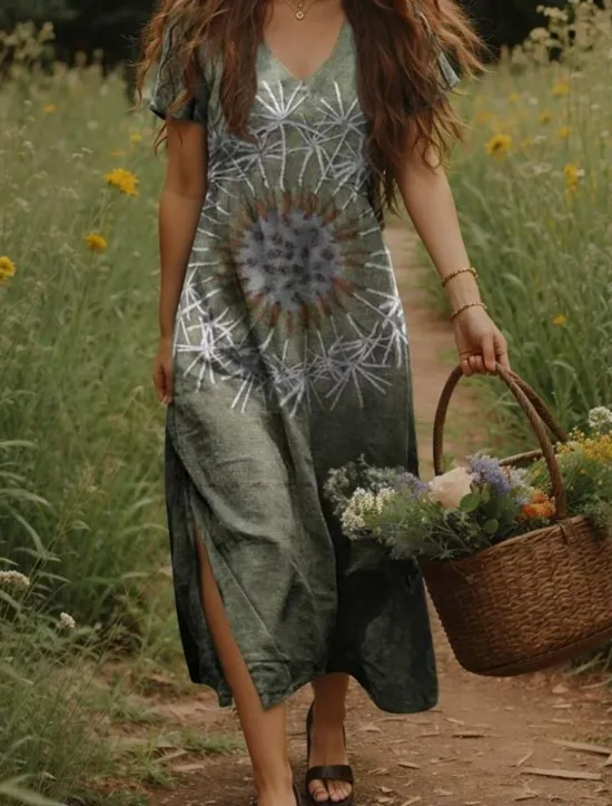 New Women's Maxi Dress Casual Dress A Line Dress Bohemia Vacation Vintage Vacation Daily Regular Fit Floral Short Sleeve V Neck Yellow Light Green Orange Green Summer Spring Women T Shirt Dresses
