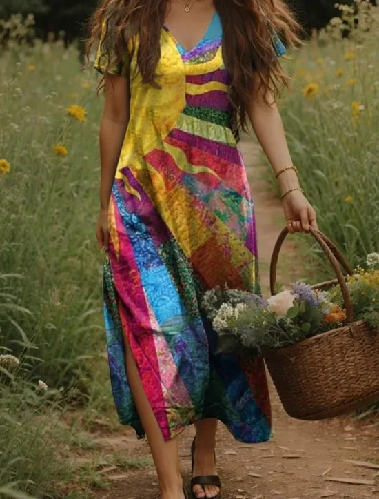 New Women's Maxi Dress Casual Dress A Line Dress Bohemia Vacation Vintage Vacation Daily Regular Fit Floral Short Sleeve V Neck Yellow Light Green Orange Green Summer Spring Women T Shirt Dresses
