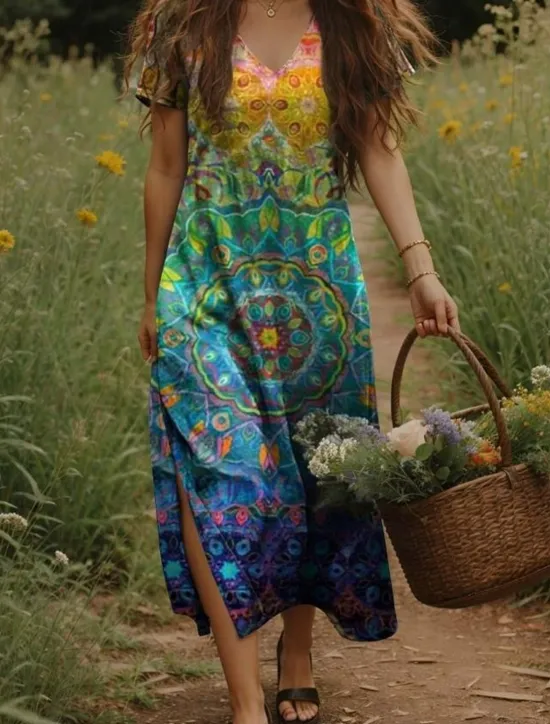 New Women's Maxi Dress Casual Dress A Line Dress Bohemia Vacation Vintage Vacation Daily Regular Fit Floral Short Sleeve V Neck Yellow Light Green Orange Green Summer Spring Women T Shirt Dresses