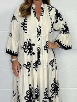 Women's Maxi Dress Casual Dress Boho Chic Dresses Boho Dress Bohemia Stylish Casual Vacation Daily Beach Loose Fit Graphic 3/4 Length Sleeve V Neck Black Red Green Beige Summer Spring Women Floral Dresses|Spring Dresses