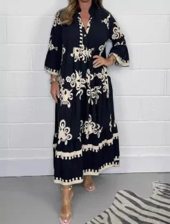Women's Maxi Dress Casual Dress Boho Chic Dresses Boho Dress Bohemia Stylish Casual Vacation Daily Beach Loose Fit Graphic 3/4 Length Sleeve V Neck Black Red Green Beige Summer Spring Women Floral Dresses|Spring Dresses
