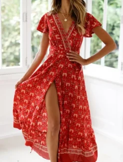 Best Women's Maxi Dress Casual Dress A Line Dress Boho Dress Bohemia Vintage Casual Vacation Daily Regular Fit Floral Short Sleeve V Neck Black Red Blue Spring Fall Women Floral Dresses|Spring Dresses