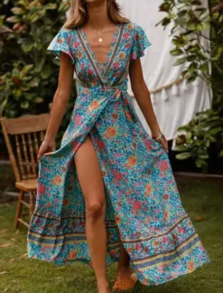 Best Women's Maxi Dress Casual Dress A Line Dress Boho Dress Bohemia Vintage Casual Vacation Daily Regular Fit Floral Short Sleeve V Neck Black Red Blue Spring Fall Women Floral Dresses|Spring Dresses