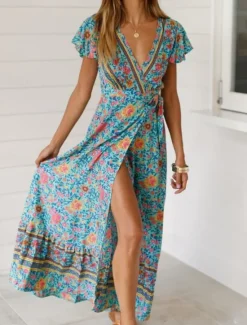 Best Women's Maxi Dress Casual Dress A Line Dress Boho Dress Bohemia Vintage Casual Vacation Daily Regular Fit Floral Short Sleeve V Neck Black Red Blue Spring Fall Women Floral Dresses|Spring Dresses
