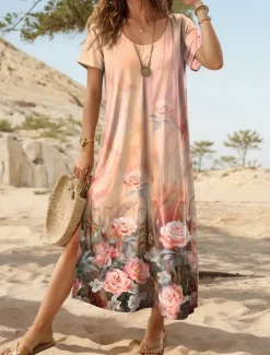 Online Women's Maxi Dress Casual Dress T Shirt Dress Tee Dress Sundress Streetwear Maxi Street Holiday Date Regular Fit Floral Short Sleeve Crew Neck Black White Pink Orange Summer Women T Shirt Dresses