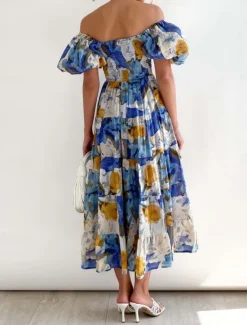 Clearance Women's Maxi Dress Casual Dress Swing Dress A Line Dress Stylish Casual Vacation Daily Regular Fit Floral Short Sleeve Off Shoulder Blue Green Summer Women Vacation Dresses