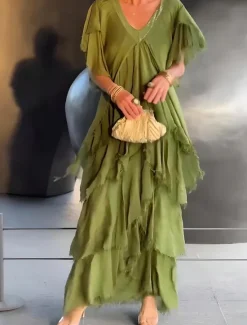 Discount Women's Maxi Dress Casual Dress Elegant Stylish Casual Vacation Party Daily Regular Fit Plain Short Sleeve V Neck Black Green Gray Summer Spring Fall Women Cocktail Dress