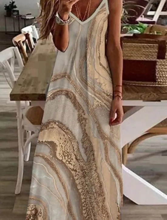 Discount Women's Maxi Dress Casual Dress Sundress Floral Dress Basic Classic Casual Vacation Casual Daily Regular Fit Print Marble Sleeveless V Neck Khaki Light Blue Summer Spring Women Vacation Dresses