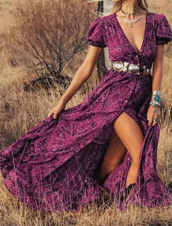 Discount Women's Maxi Dress Casual Dress Stylish Form Fit Print Short Sleeve V Neck Blue Purple Brown Green Summer Women Floral Dresses