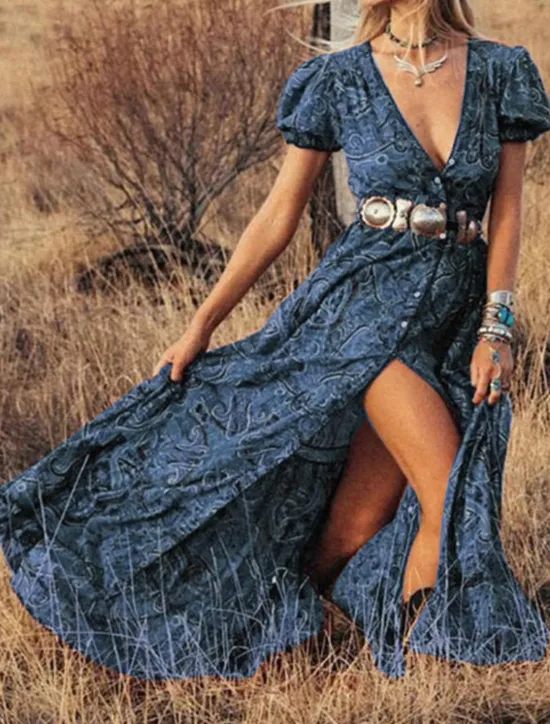 Discount Women's Maxi Dress Casual Dress Stylish Form Fit Print Short Sleeve V Neck Blue Purple Brown Green Summer Women Floral Dresses