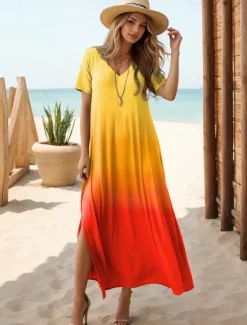 Best Women's Maxi Dress Casual Dress Sundress Shift Dress Tropical Drop Shoulder Vacation Loose Fit Ombre Rainbow Color Gradient Short Sleeve V Neck Blue Light Purple Orange Summer Women Spring Dresses|T Shirt Dresses
