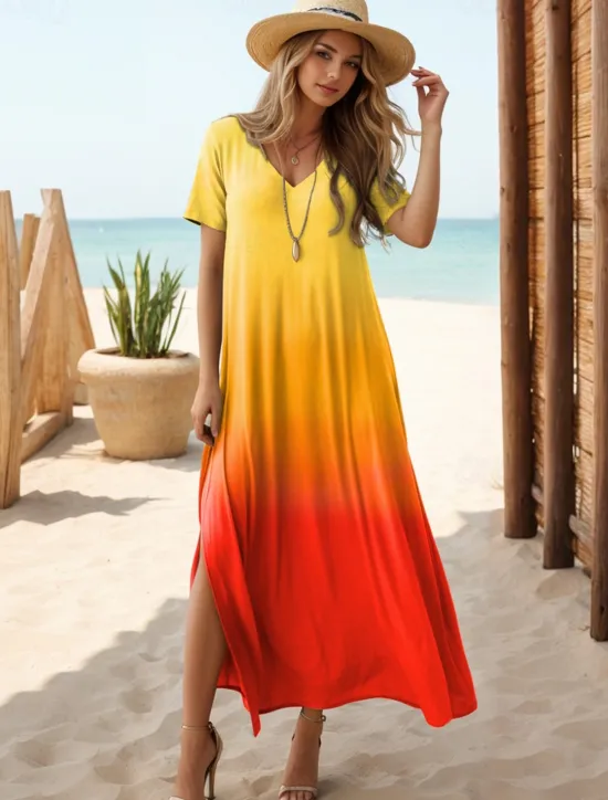 Best Women's Maxi Dress Casual Dress Sundress Shift Dress Tropical Drop Shoulder Vacation Loose Fit Ombre Rainbow Color Gradient Short Sleeve V Neck Blue Light Purple Orange Summer Women Spring Dresses|T Shirt Dresses
