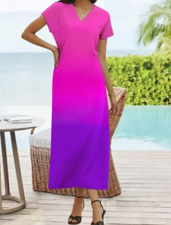 Best Women's Maxi Dress Casual Dress Sundress Shift Dress Tropical Drop Shoulder Vacation Loose Fit Ombre Rainbow Color Gradient Short Sleeve V Neck Blue Light Purple Orange Summer Women Spring Dresses|T Shirt Dresses