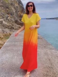Best Women's Maxi Dress Casual Dress Sundress Shift Dress Tropical Drop Shoulder Vacation Loose Fit Ombre Rainbow Color Gradient Short Sleeve V Neck Blue Light Purple Orange Summer Women Spring Dresses|T Shirt Dresses