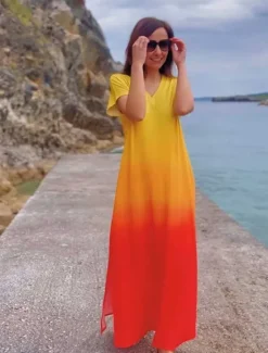 Best Women's Maxi Dress Casual Dress Sundress Shift Dress Tropical Drop Shoulder Vacation Loose Fit Ombre Rainbow Color Gradient Short Sleeve V Neck Blue Light Purple Orange Summer Women Spring Dresses|T Shirt Dresses