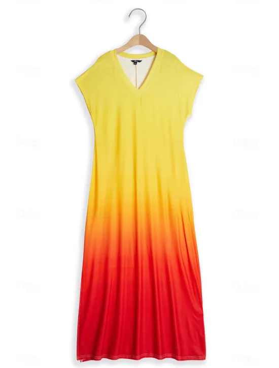 Best Women's Maxi Dress Casual Dress Sundress Shift Dress Tropical Drop Shoulder Vacation Loose Fit Ombre Rainbow Color Gradient Short Sleeve V Neck Blue Light Purple Orange Summer Women Spring Dresses|T Shirt Dresses