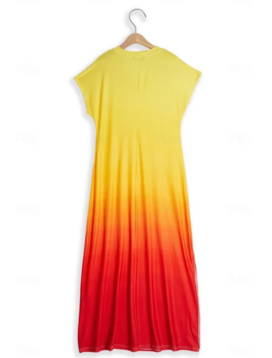 Best Women's Maxi Dress Casual Dress Sundress Shift Dress Tropical Drop Shoulder Vacation Loose Fit Ombre Rainbow Color Gradient Short Sleeve V Neck Blue Light Purple Orange Summer Women Spring Dresses|T Shirt Dresses