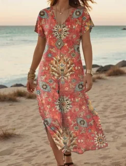New Women's Maxi Dress Casual Dress A Line Dress Stylish Casual Vacation Daily Regular Fit Floral Short Sleeve V Neck White Orange Green Gray Summer Spring Women Spring Dresses|Vacation Dresses