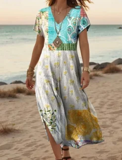New Women's Maxi Dress Casual Dress A Line Dress Stylish Casual Vacation Daily Regular Fit Floral Short Sleeve V Neck White Orange Green Gray Summer Spring Women Spring Dresses|Vacation Dresses