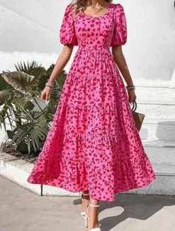 Discount Women's Maxi Dress Casual Dress Casual Loose Fit Graphic Short Sleeve Crew Neck Magenta Dark Red Red Blue Summer Women Floral Dresses