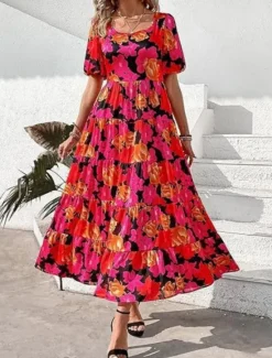 Discount Women's Maxi Dress Casual Dress Casual Loose Fit Graphic Short Sleeve Crew Neck Magenta Dark Red Red Blue Summer Women Floral Dresses