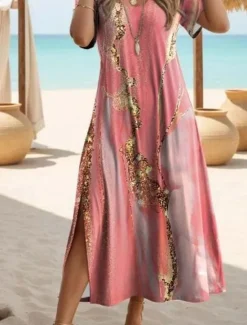 Outlet Women's Maxi Dress Casual Dress T Shirt Dress Tee Dress Summer Dress Bohemia Date Regular Fit Geometric Short Sleeve Crew Neck Magenta Teal Summer Women Spring Dresses|T Shirt Dresses