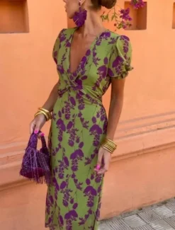Discount Women's Maxi Dress Casual Dress A Line Dress Stylish Casual Vacation Daily Regular Fit Floral Short Sleeve V Neck Summer Women Vacation Dresses|Spring Dresses