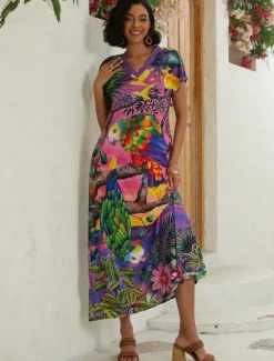 Clearance Women's Maxi Dress Casual Dress Sundress Shift Dress Streetwear Hawaiian Maxi Drop Shoulder Vacation Street Holiday Loose Fit Floral Animal Short Sleeve V Neck Pink Red Summer Women Spring Dresses|T Shirt Dresses
