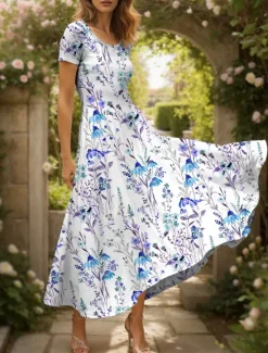 Discount Women's Maxi Dress Casual Dress A Line Dress Summer Dress Elegant Vacation Casual Regular Fit Floral Graphic Short Sleeve Square Neck Red Blue Purple Summer Women Vacation Dresses