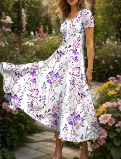 Discount Women's Maxi Dress Casual Dress A Line Dress Summer Dress Elegant Vacation Casual Regular Fit Floral Graphic Short Sleeve Square Neck Red Blue Purple Summer Women Vacation Dresses
