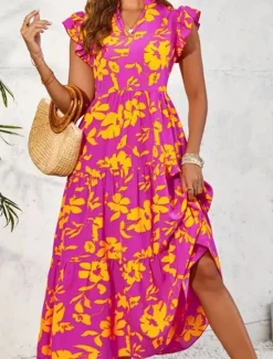 New Women's Maxi Dress Casual Dress Swing Dress A Line Dress Tank Dress Stylish Casual Vacation Daily Regular Fit Floral Sleeveless V Neck Yellow Purple Summer Women Spring Dresses|Floral Dresses