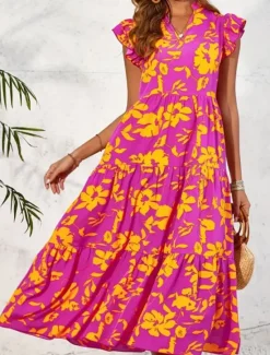 New Women's Maxi Dress Casual Dress Swing Dress A Line Dress Tank Dress Stylish Casual Vacation Daily Regular Fit Floral Sleeveless V Neck Yellow Purple Summer Women Spring Dresses|Floral Dresses