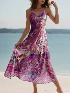 New Women's Maxi Dress Casual Dress A Line Dress Vacation Vintage Ethnic Daily Regular Fit Graphic Vintage Bohemian Sleeveless V Neck Pink Blue Purple Green Summer Spring Fall Women Sundresses