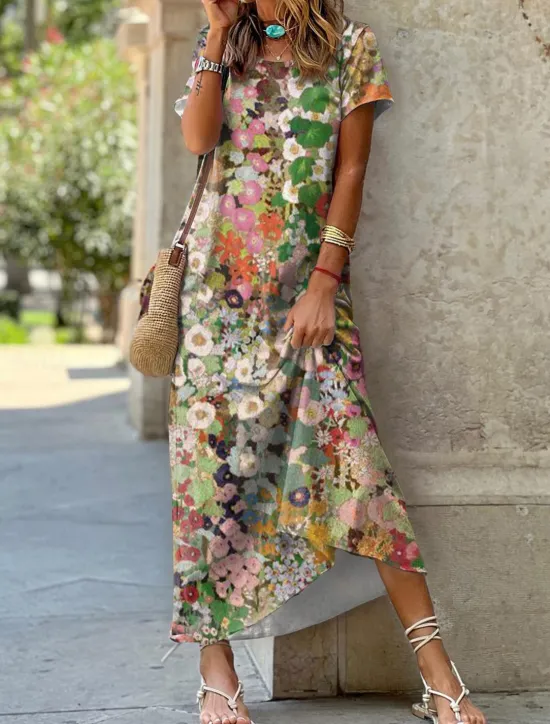 Best Women's Maxi Dress Casual Dress Shift Dress Floral Leaf Pocket Split Crew Neck Long Dress Date Vacation Short Sleeve Summer Spring Women Spring Dresses|T Shirt Dresses