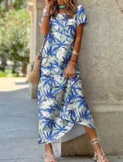 Best Women's Maxi Dress Casual Dress Shift Dress Floral Leaf Pocket Split Crew Neck Long Dress Date Vacation Short Sleeve Summer Spring Women Spring Dresses|T Shirt Dresses