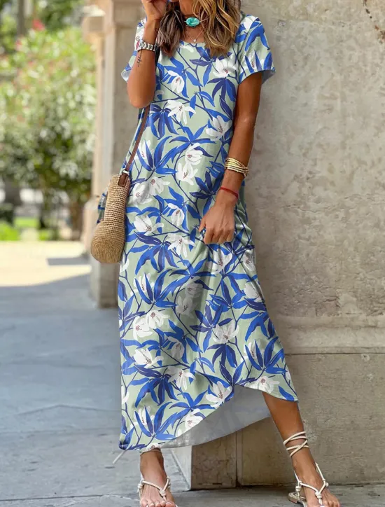 Best Women's Maxi Dress Casual Dress Shift Dress Floral Leaf Pocket Split Crew Neck Long Dress Date Vacation Short Sleeve Summer Spring Women Spring Dresses|T Shirt Dresses