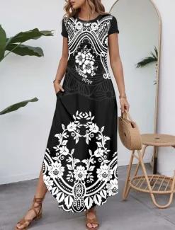 Outlet Women's Maxi Dress Casual Dress Vintage Vacation Regular Fit Paisley Short Sleeve Crew Neck Black Navy Blue Blue Green Summer Women Spring Dresses