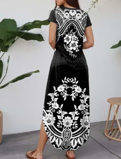 Outlet Women's Maxi Dress Casual Dress Vintage Vacation Regular Fit Paisley Short Sleeve Crew Neck Black Navy Blue Blue Green Summer Women Spring Dresses