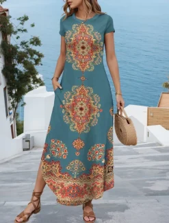 Outlet Women's Maxi Dress Casual Dress Vintage Vacation Regular Fit Paisley Short Sleeve Crew Neck Black Navy Blue Blue Green Summer Women Spring Dresses