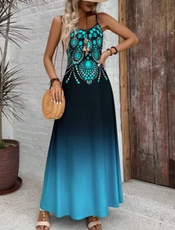 Online Women's Maxi Dress Casual Dress A Line Dress Summer Dress Slip Dress Vacation Vintage Ethnic Daily Regular Fit Ombre Graphic Sleeveless V Neck Summer Spring Women Sundresses