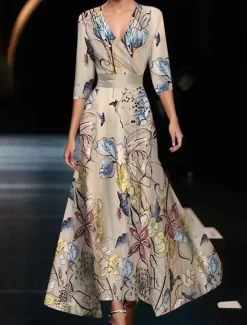 Sale Women's Maxi Dress Casual Dress Swing Dress A Line Dress Casual Daily Regular Fit Floral 3/4 Length Sleeve V Neck White Champagne Red Spring Fall Women Spring Dresses|Floral Dresses
