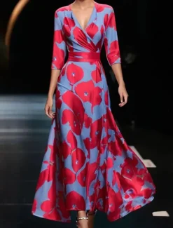 Sale Women's Maxi Dress Casual Dress Swing Dress A Line Dress Casual Daily Regular Fit Floral 3/4 Length Sleeve V Neck White Champagne Red Spring Fall Women Spring Dresses|Floral Dresses